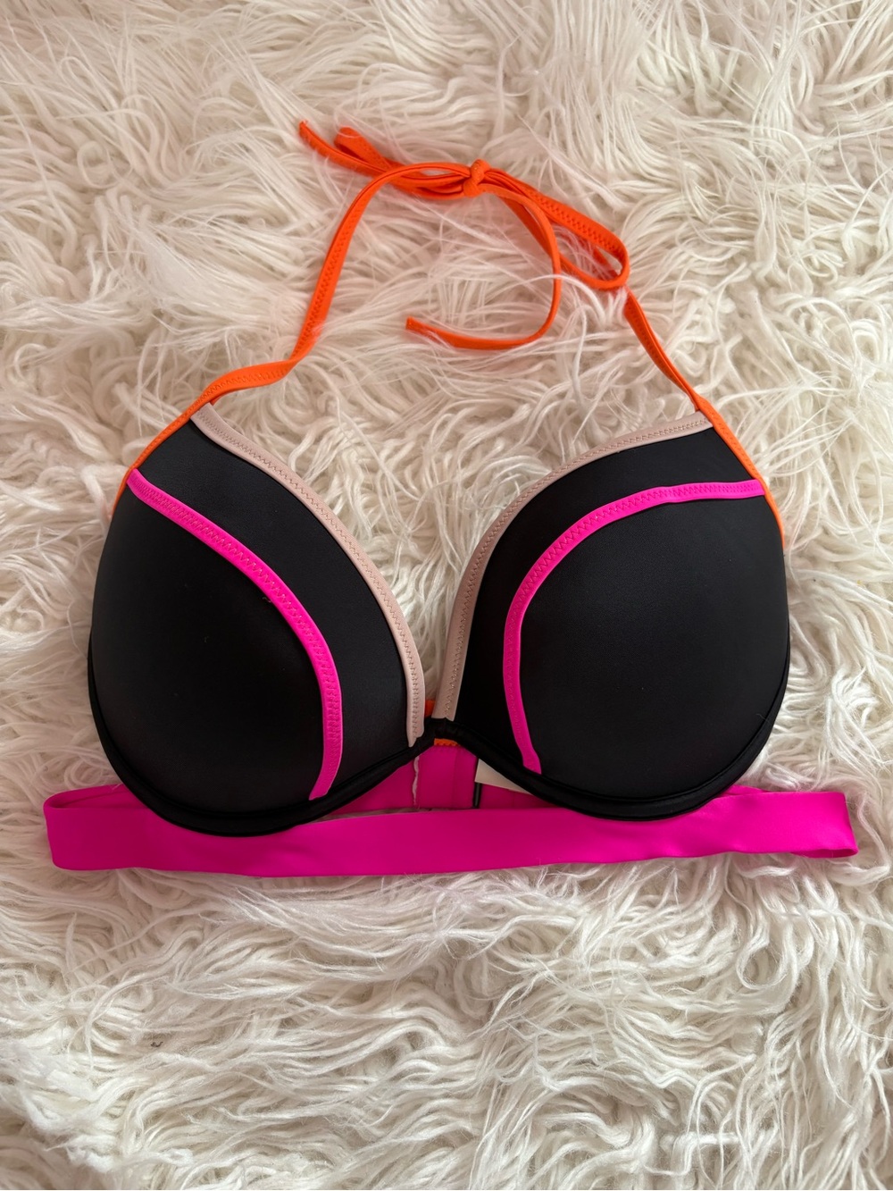 Victoria’s Secret Hottie Push-Up Bikini Top 34DD Black Neon Pink